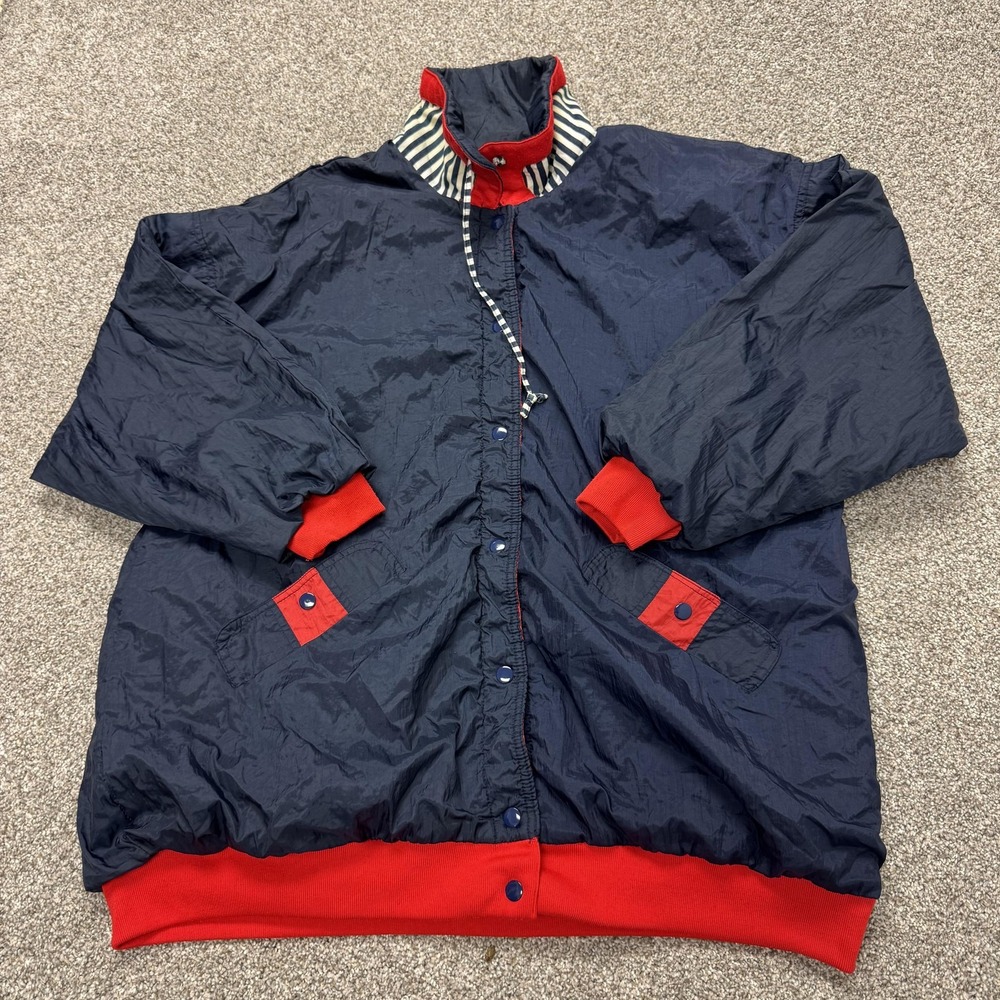 Casual Club Jacket Womens 1X Blue Red Nylon Snap Front Lined Windbreaker